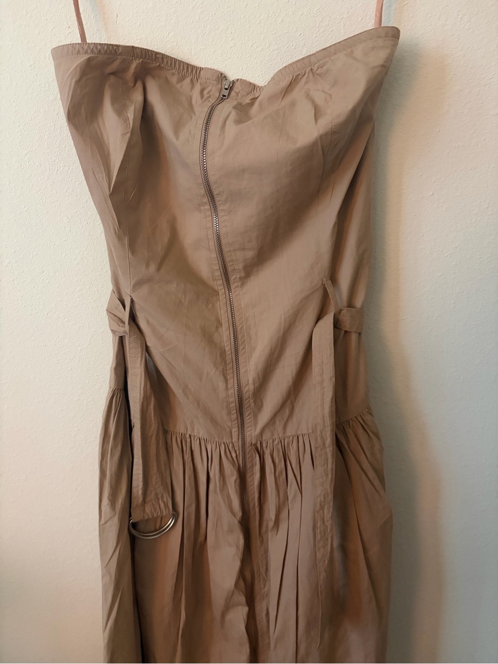 Love The Label Anthropologie Strapless Khaki Midi Dress Smocked Back Tie Belt M - Picture 5 of 8